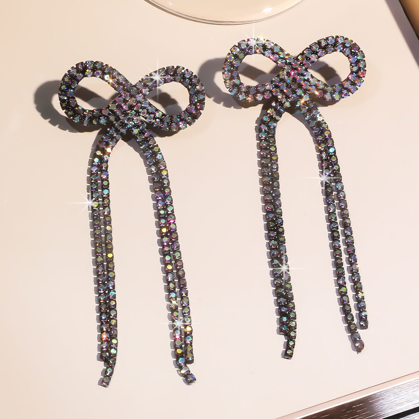 Explosive Bow Long Tassel Earrings Women's Personality Rhinestone