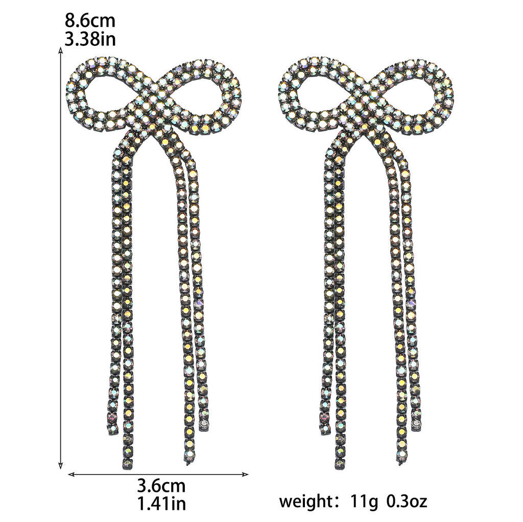 Shein Explosive Bow Long Tassel Earrings Women's Personality Super Flash Rhinestone Bride Wedding All-match Ear Jewelry