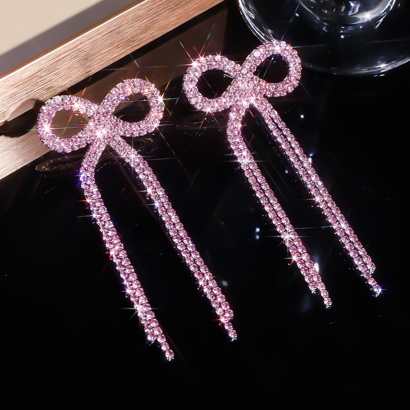 Explosive Bow Long Tassel Earrings Women's Personality Rhinestone