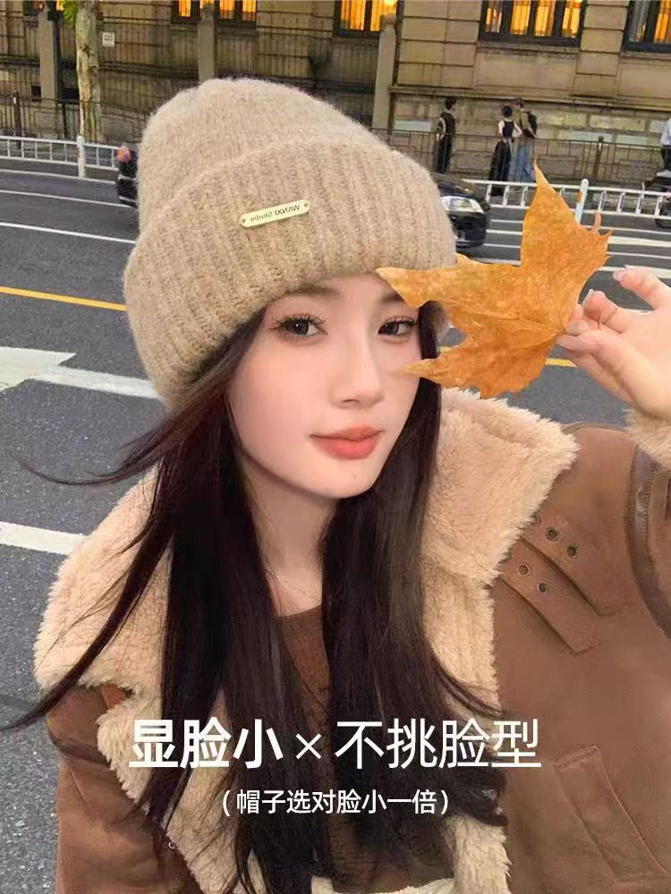 Hat Women's Autumn and Winter Warm Explosive Ear Protection Face Small Knitted Hat Windproof Moon Hat Wool Big Head Heap