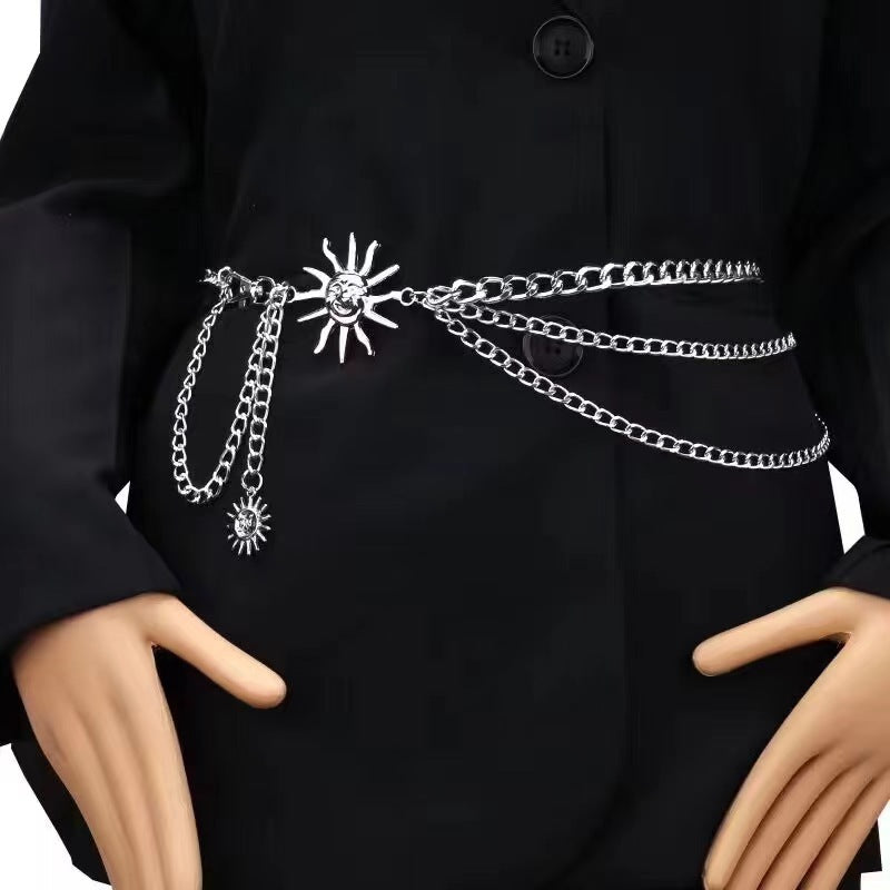 Cross-border European and American Metal Sunflower Multi-layer Waist Chain Accessories Hip-hop Retro Crescent Body Chain Waist Decoration