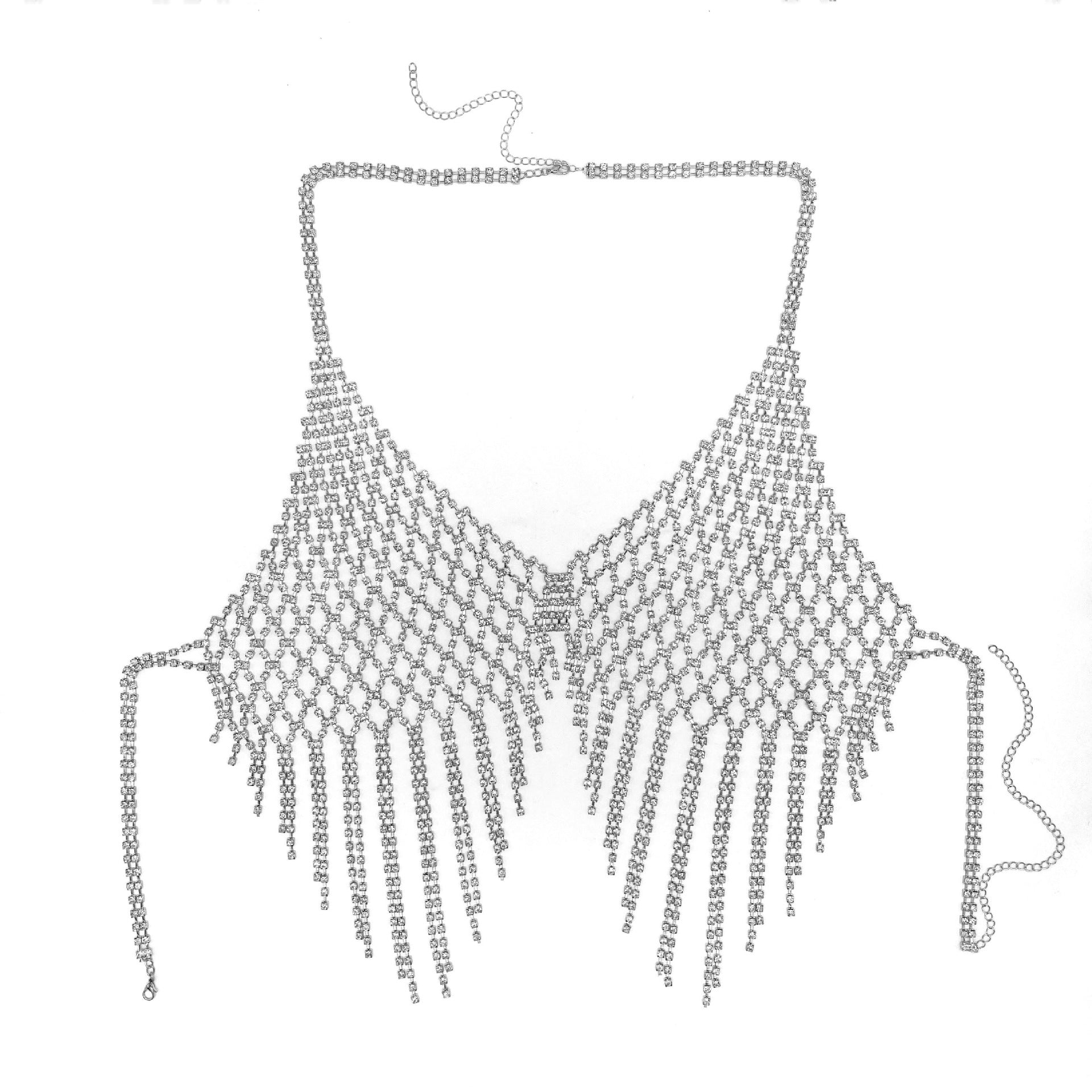 European and American Cross-border Geometric Rhinestone Mesh Tassel Body Chain Sexy Nightclub Exaggerated Flash Diamond Bra Sexy Clothing