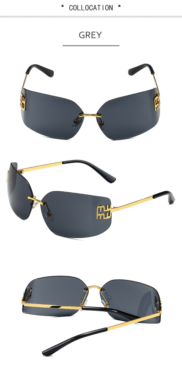 European and American New Fashion Black Sunglasses Frameless Retro Ins Internet Celebrity Same Style Women's Metal Sunglasses Cross Border
