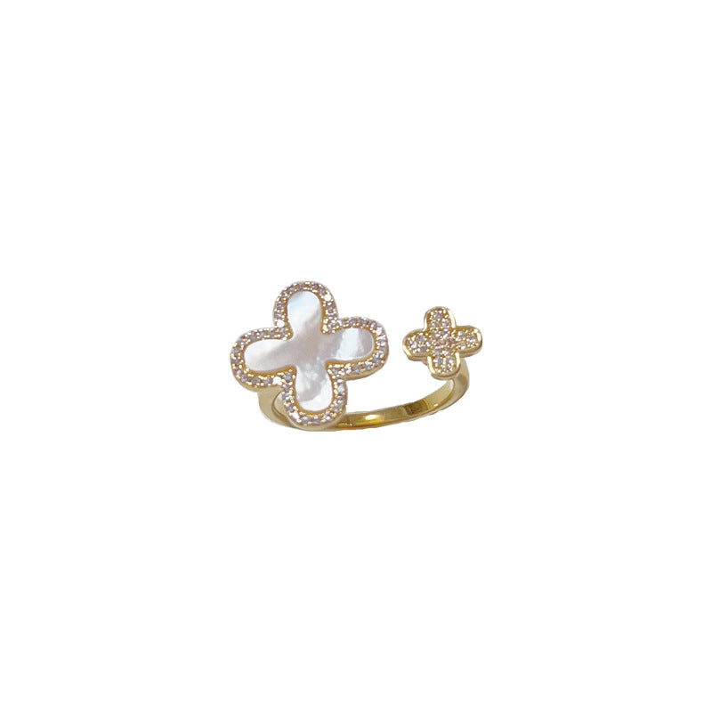 Niche Personalized Fashion Light Luxury All-match High-end Sense Micro-inlaid Zircon Shell Four-leaf Flower Opening Ring Delicate Finger Ring