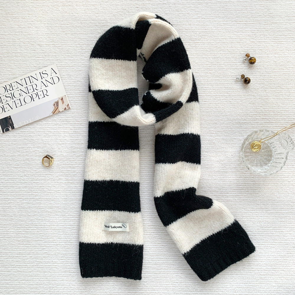 Korean Style New Style Striped Wool Knitted Scarf Women's Winter Warm Thick High-end All-match Scarf Light Luxury