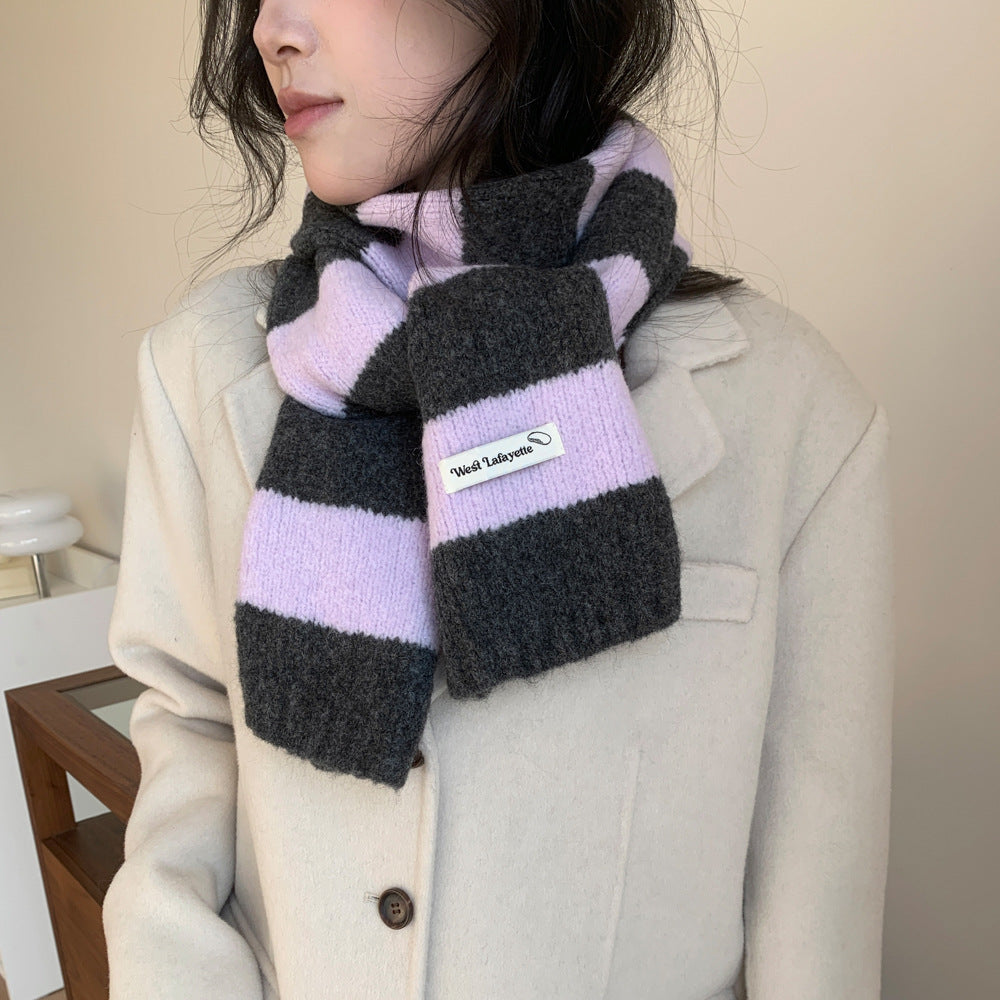 Korean Style New Style Striped Wool Knitted Scarf Women's Winter Warm Thick High-end All-match Scarf Light Luxury