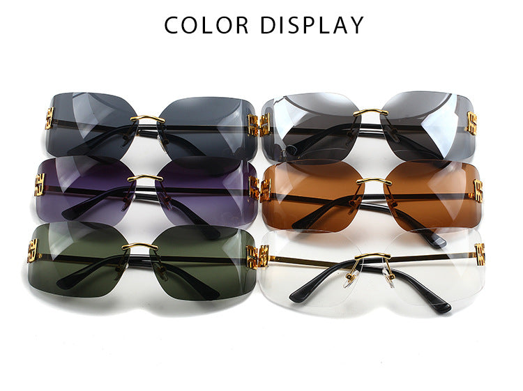 European and American New Fashion Black Sunglasses Frameless Retro Ins Internet Celebrity Same Style Women's Metal Sunglasses Cross Border