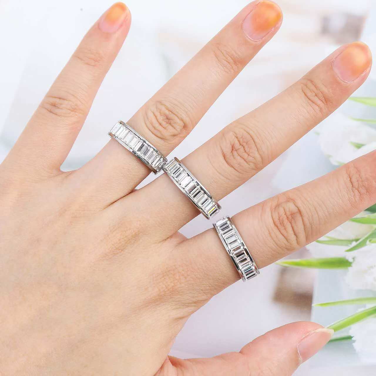 Cross-border plain ring stainless steel ring rectangular zircon ring titanium steel diamond lovers ring jewelry wholesale