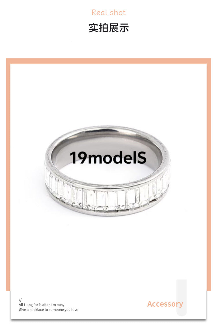 Cross-border plain ring stainless steel ring rectangular zircon ring titanium steel diamond lovers ring jewelry wholesale