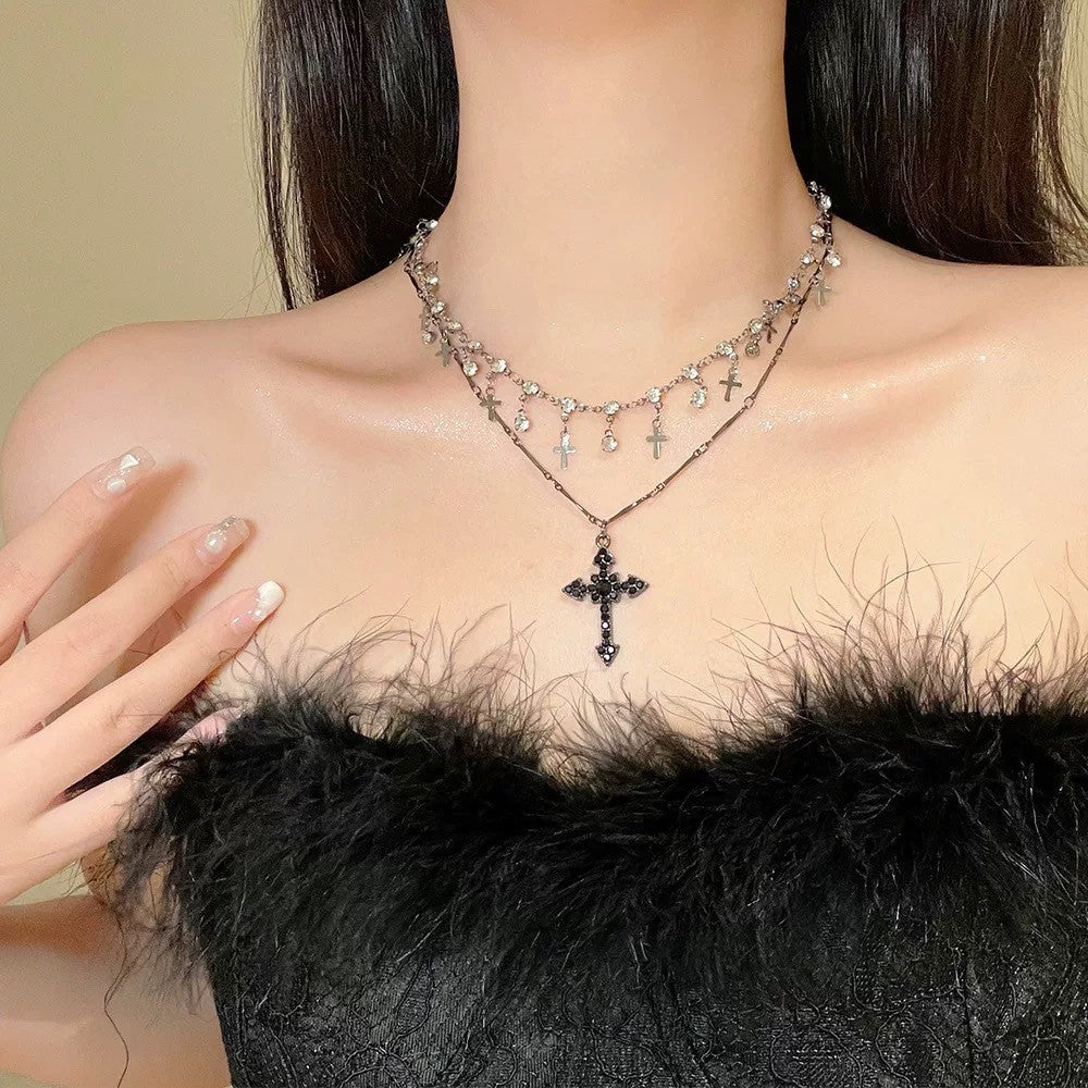 Diablo Sweet Cool Design Sense Diamond-encrusted Cross Necklace