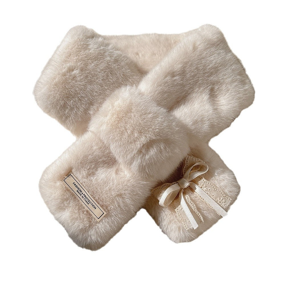 Sweet and Cute Double-layer Bow Fur Collar Scarf Women's Thickened Winter Windproof and Cold Wool Scarf Cross for Students