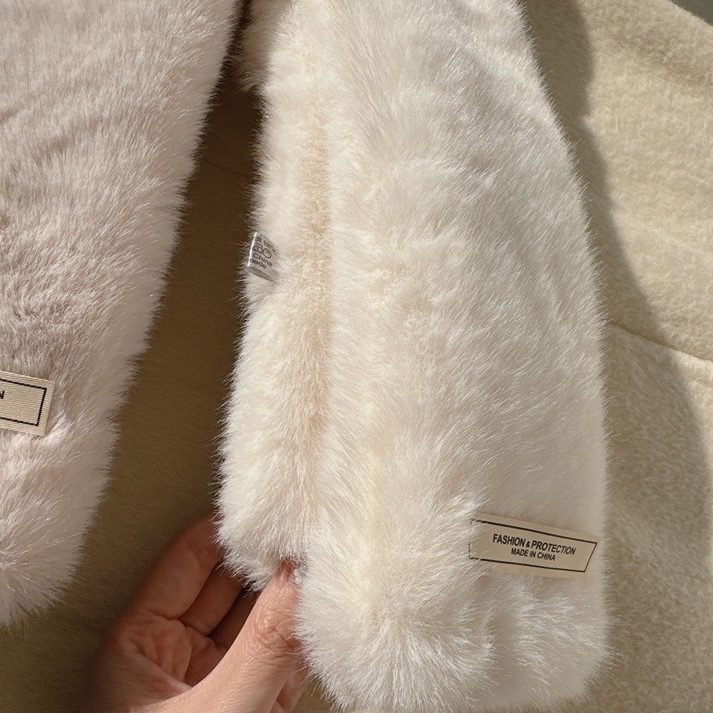 Sweet and Cute Double-layer Bow Fur Collar Scarf Women's Thickened Winter Windproof and Cold Wool Scarf Cross for Students