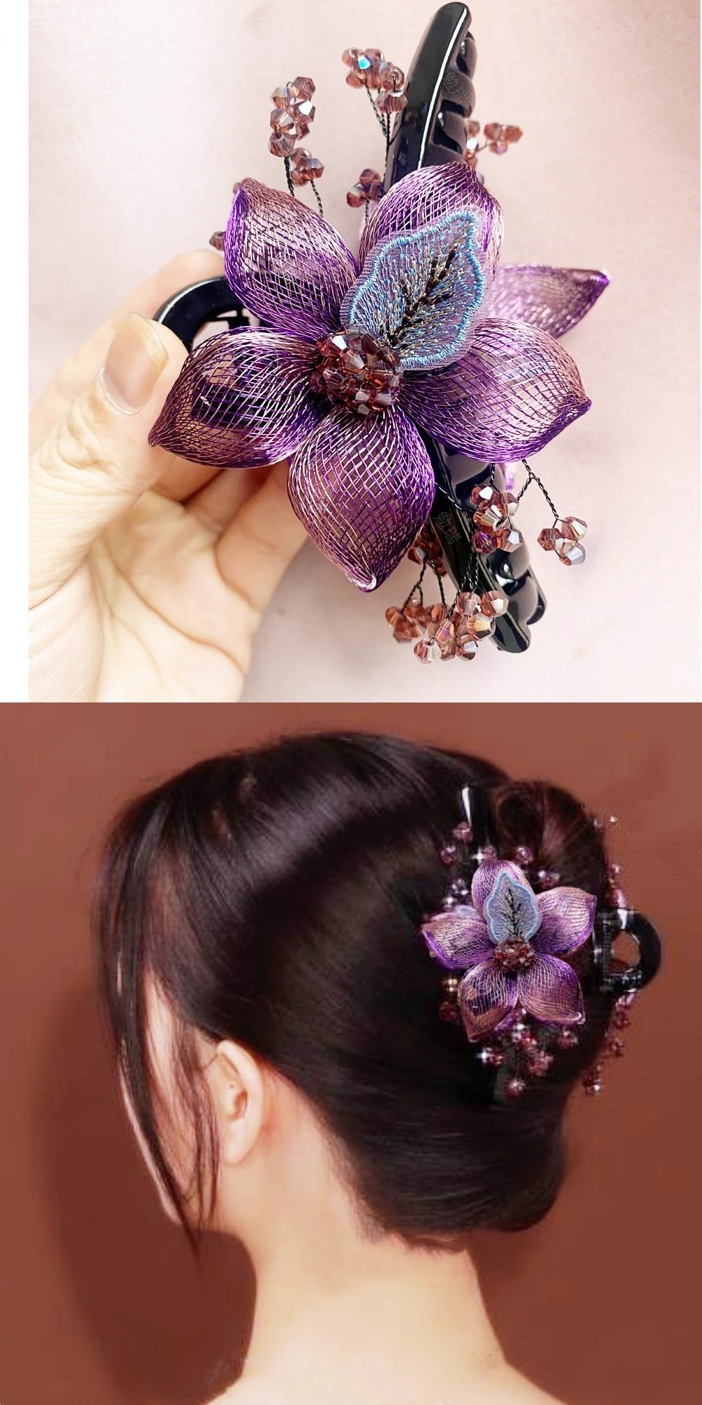 Korean-Style High-End Handmade Copper Wire Braided Flower Hair Clip, Plastic Resin Large Shark Clip for Updo at the Back of the Head