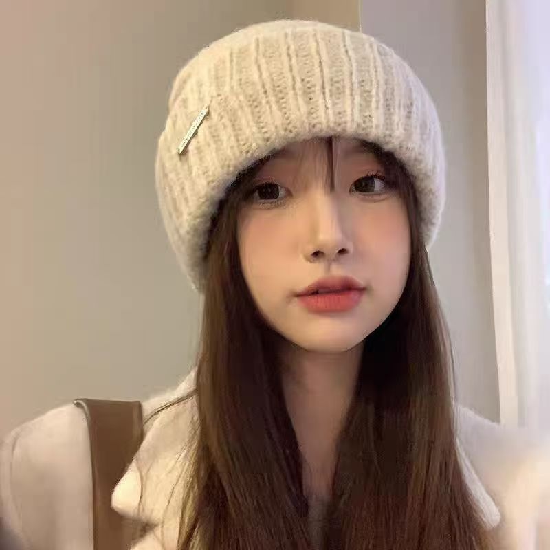 Hat Women's Autumn and Winter Warm Explosive Ear Protection Face Small Knitted Hat Windproof Moon Hat Wool Big Head Heap