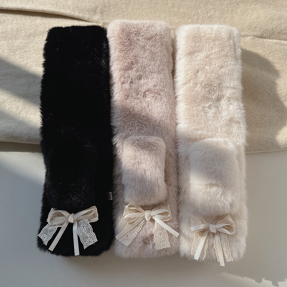 Sweet and Cute Double-layer Bow Fur Collar Scarf Women's Thickened Winter Windproof and Cold Wool Scarf Cross for Students