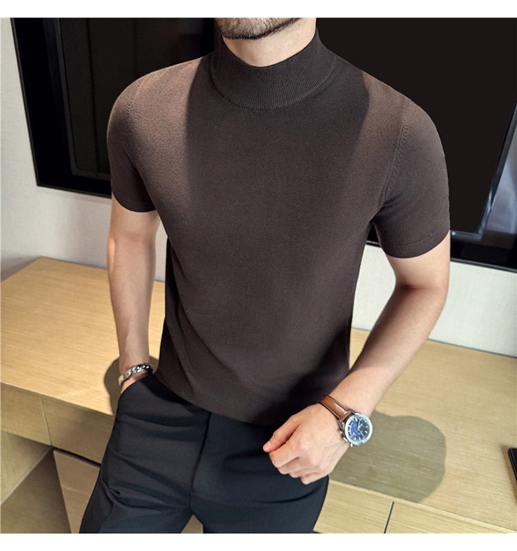 Tiktok Taobao Dropshipping Men's Short-Sleeve Knitwear, Fashionable Versatile Half-Turtleneck Slim-Fit Half-Sleeve Sweater Base Shirt