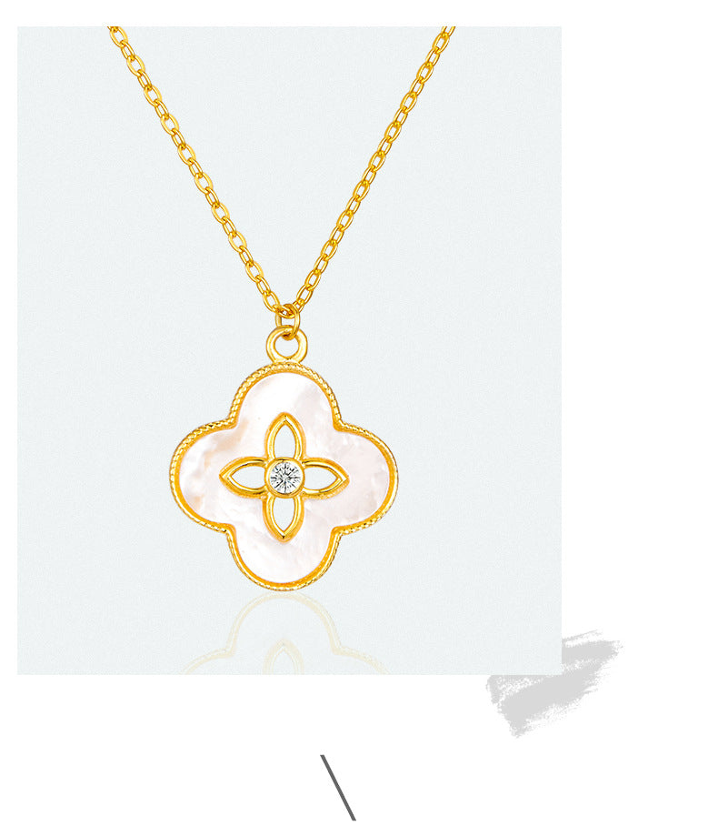 Cross-border hot selling fashion four-leaf clover pendant micro-inlaid zircon turquoise white fritillary necklace female clavicle chain pendant wholesale