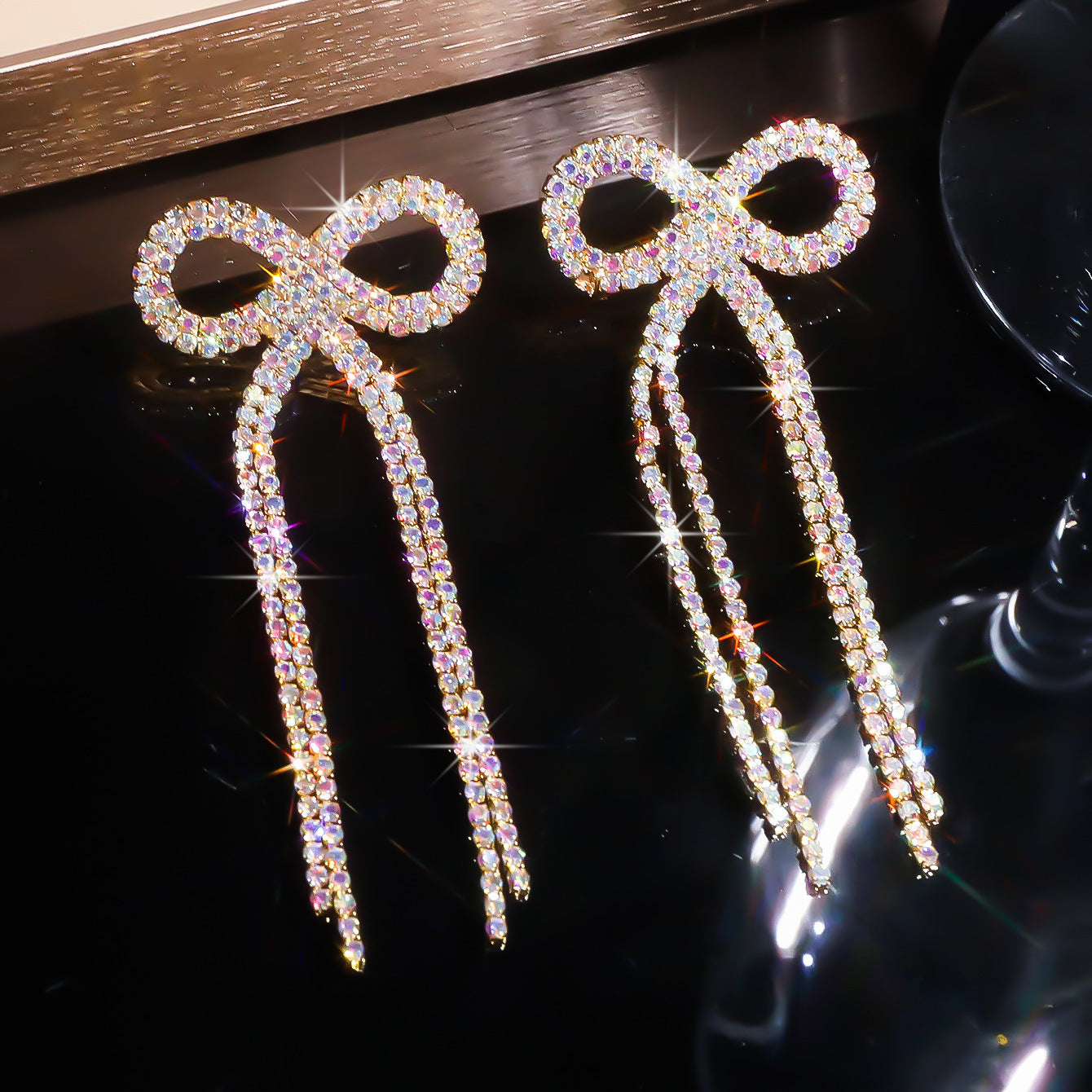 Explosive Bow Long Tassel Earrings Women's Personality Rhinestone