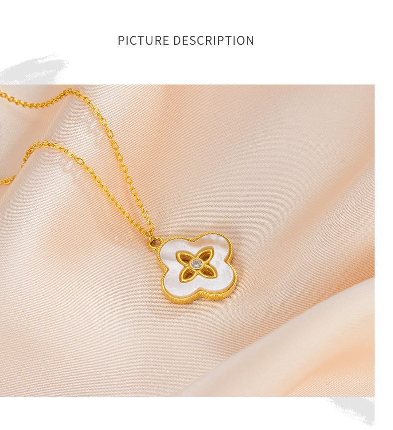 Cross-border hot selling fashion four-leaf clover pendant micro-inlaid zircon turquoise white fritillary necklace female clavicle chain pendant wholesale