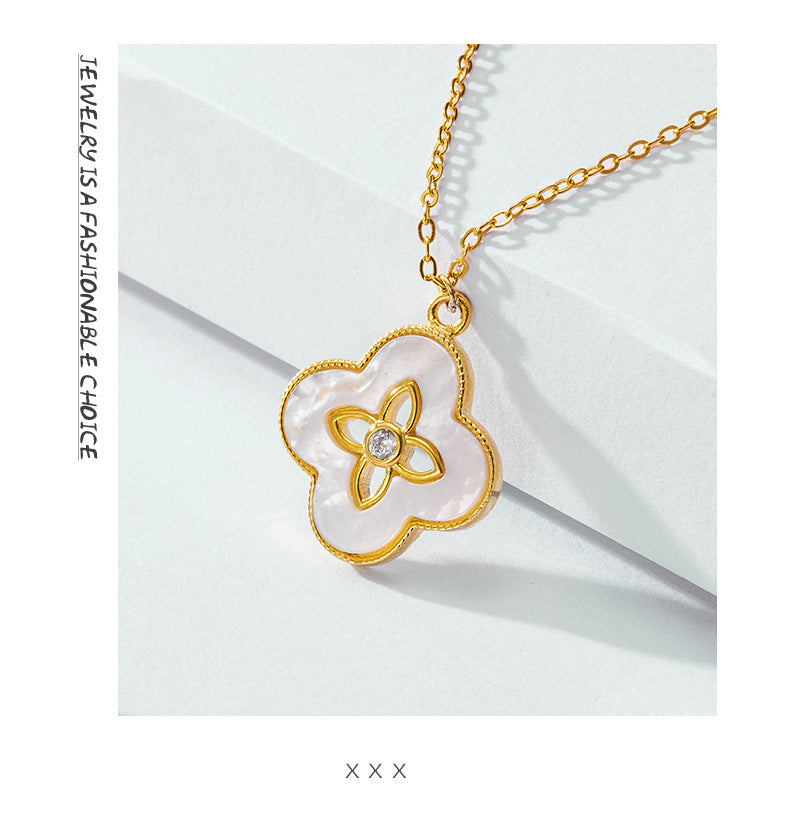 Cross-border hot selling fashion four-leaf clover pendant micro-inlaid zircon turquoise white fritillary necklace female clavicle chain pendant wholesale