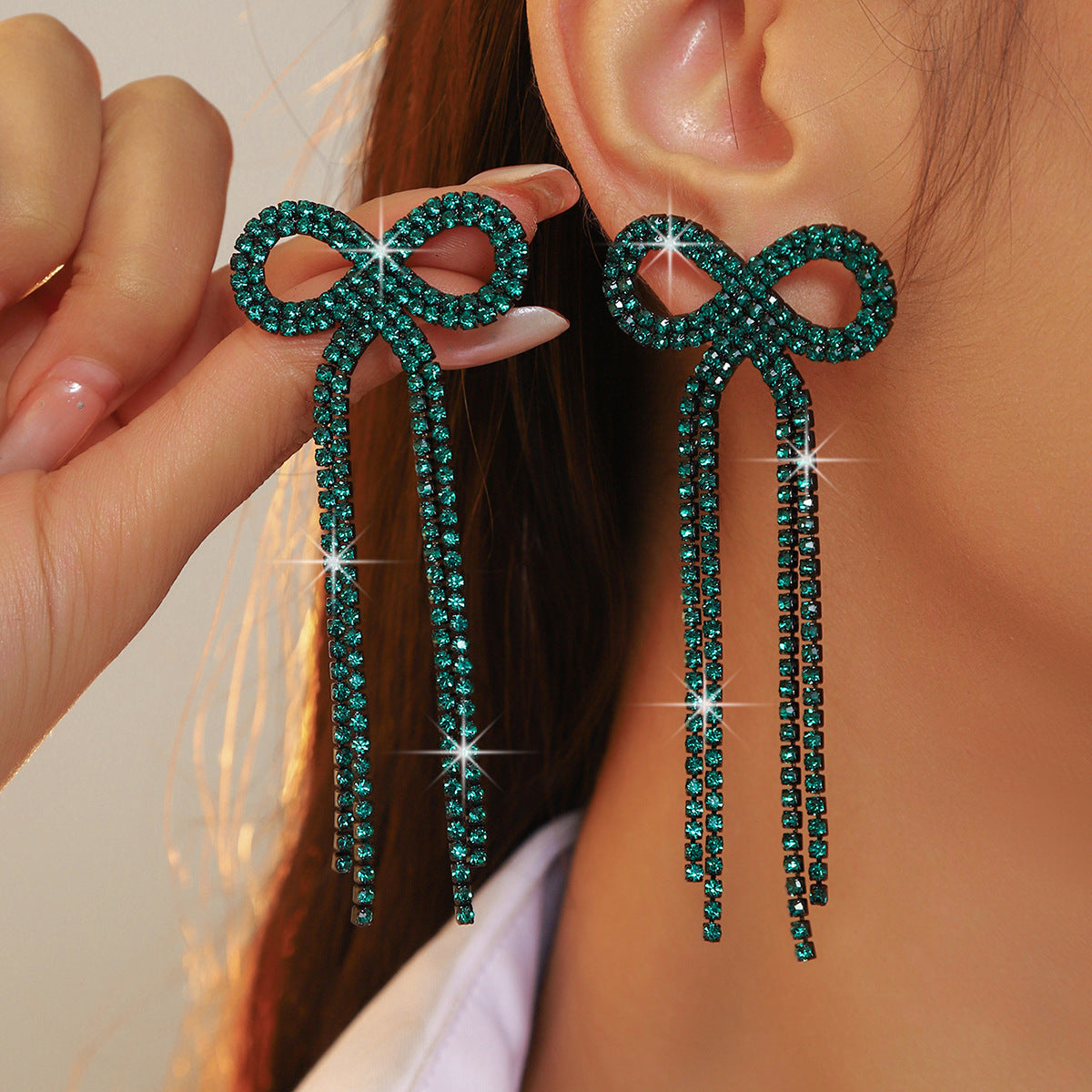 Shein Explosive Bow Long Tassel Earrings Women's Personality Super Flash Rhinestone Bride Wedding All-match Ear Jewelry