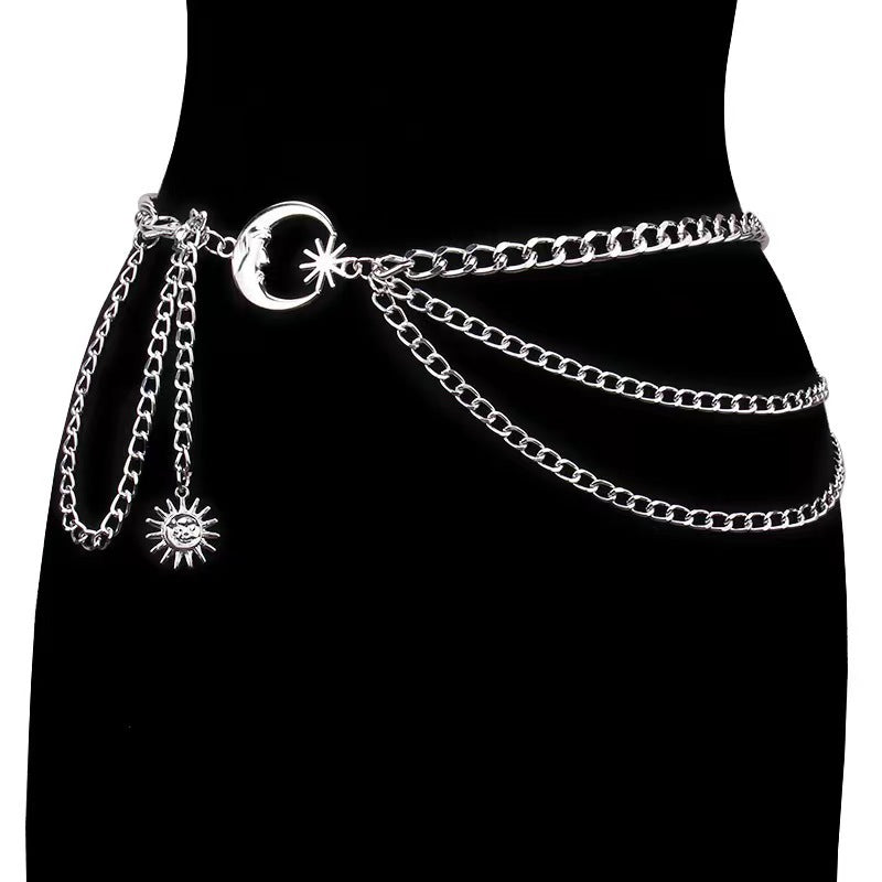 Cross-border European and American Metal Sunflower Multi-layer Waist Chain Accessories Hip-hop Retro Crescent Body Chain Waist Decoration