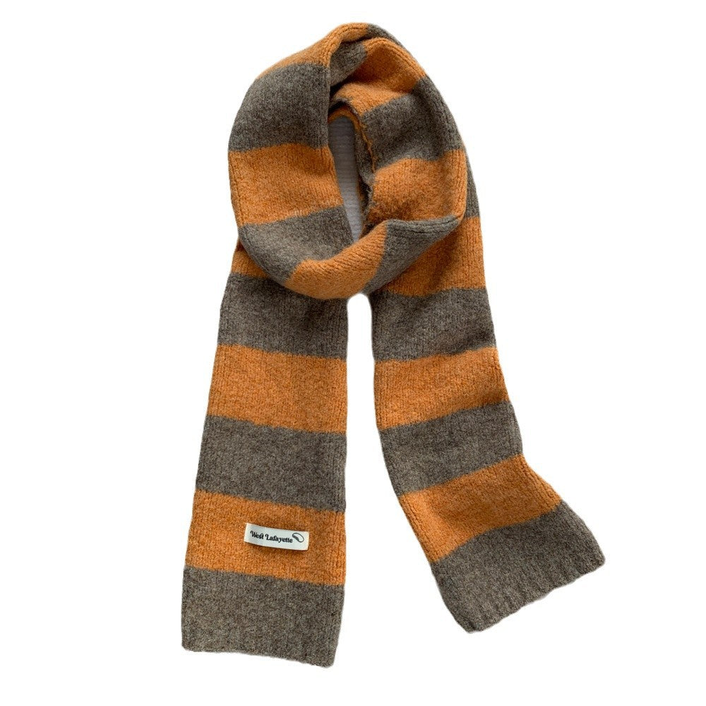 Korean Style New Style Striped Wool Knitted Scarf Women's Winter Warm Thick High-end All-match Scarf Light Luxury