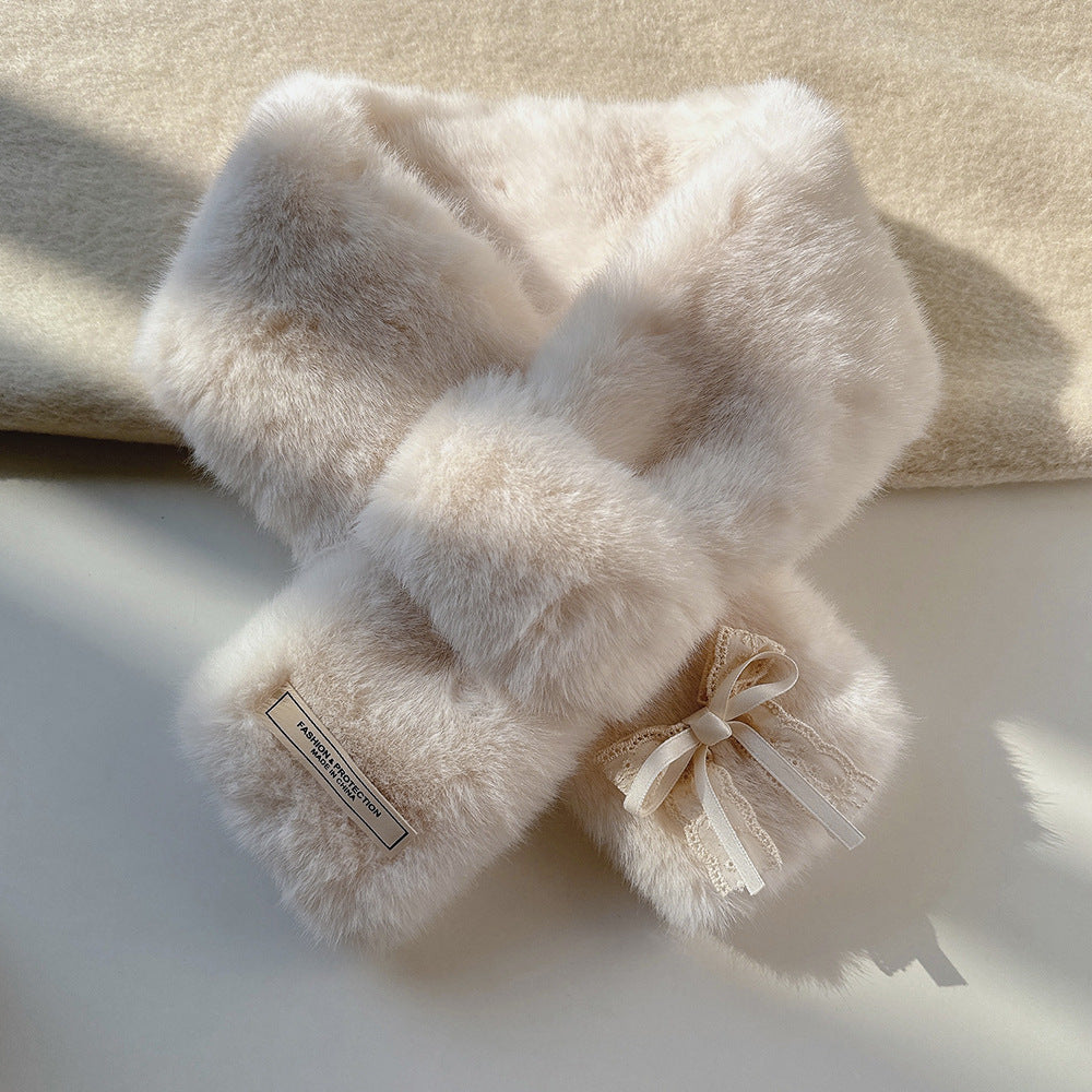 Sweet and Cute Double-layer Bow Fur Collar Scarf Women's Thickened Winter Windproof and Cold Wool Scarf Cross for Students