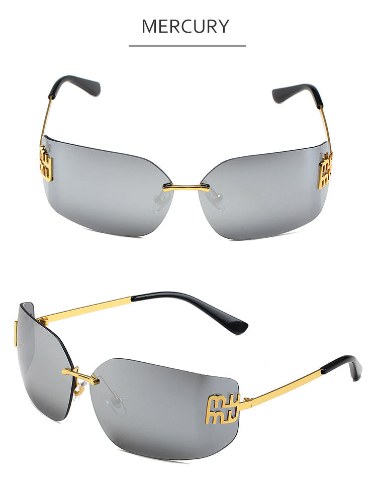 European and American New Fashion Black Sunglasses Frameless Retro Ins Internet Celebrity Same Style Women's Metal Sunglasses Cross Border