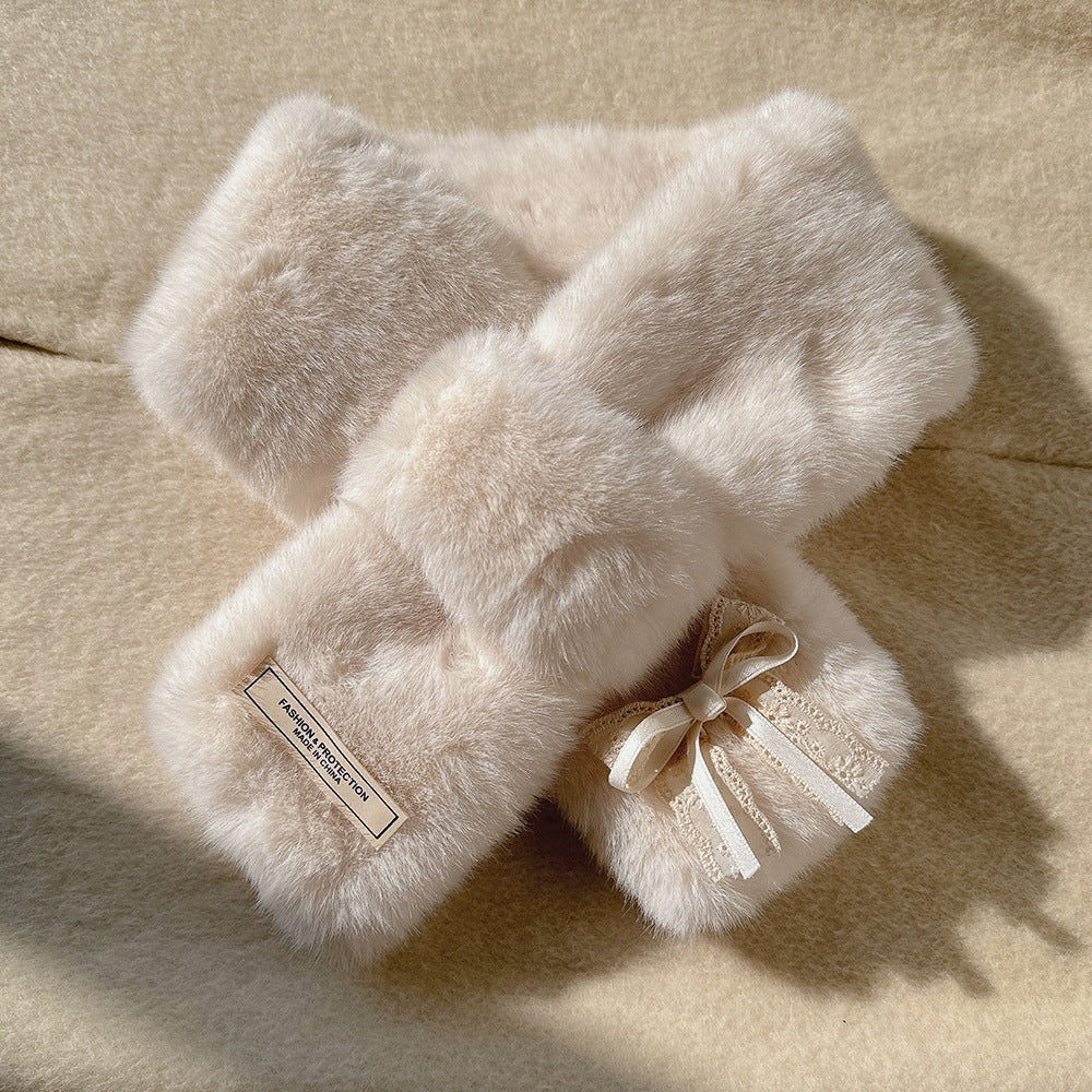 Sweet and Cute Double-layer Bow Fur Collar Scarf Women's Thickened Winter Windproof and Cold Wool Scarf Cross for Students