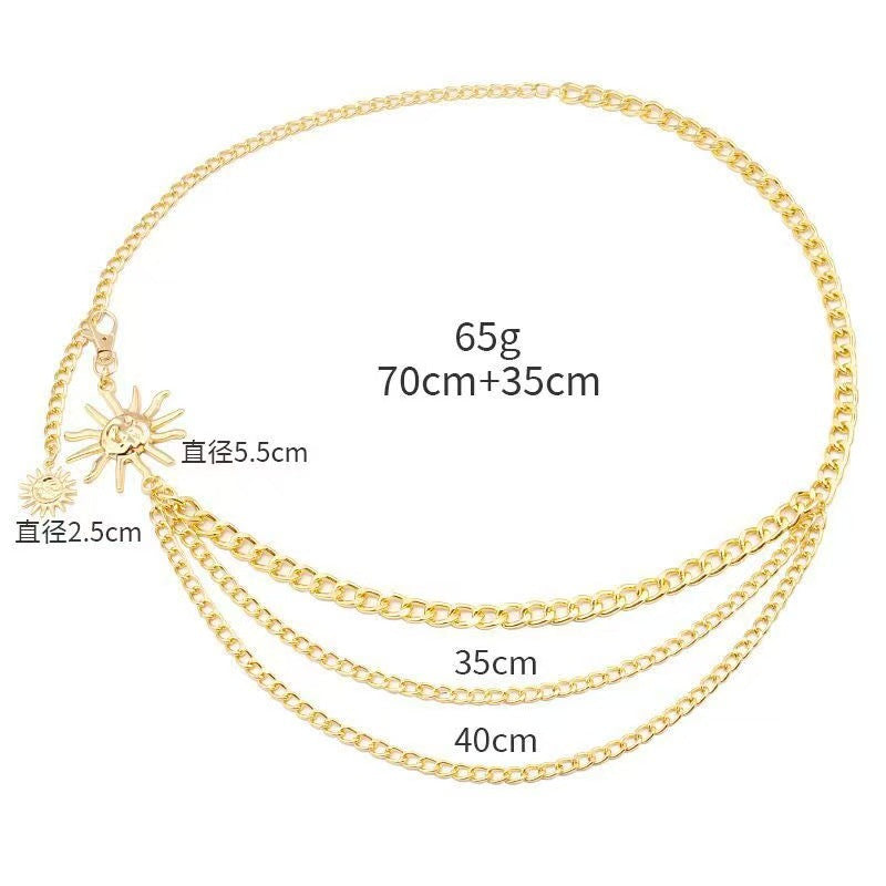 Cross-border European and American Metal Sunflower Multi-layer Waist Chain Accessories Hip-hop Retro Crescent Body Chain Waist Decoration