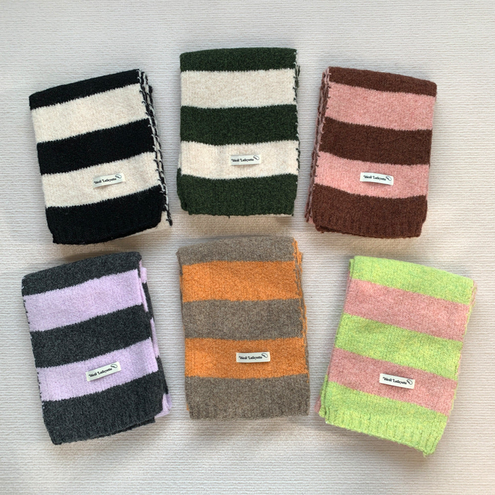 Korean Style New Style Striped Wool Knitted Scarf Women's Winter Warm Thick High-end All-match Scarf Light Luxury