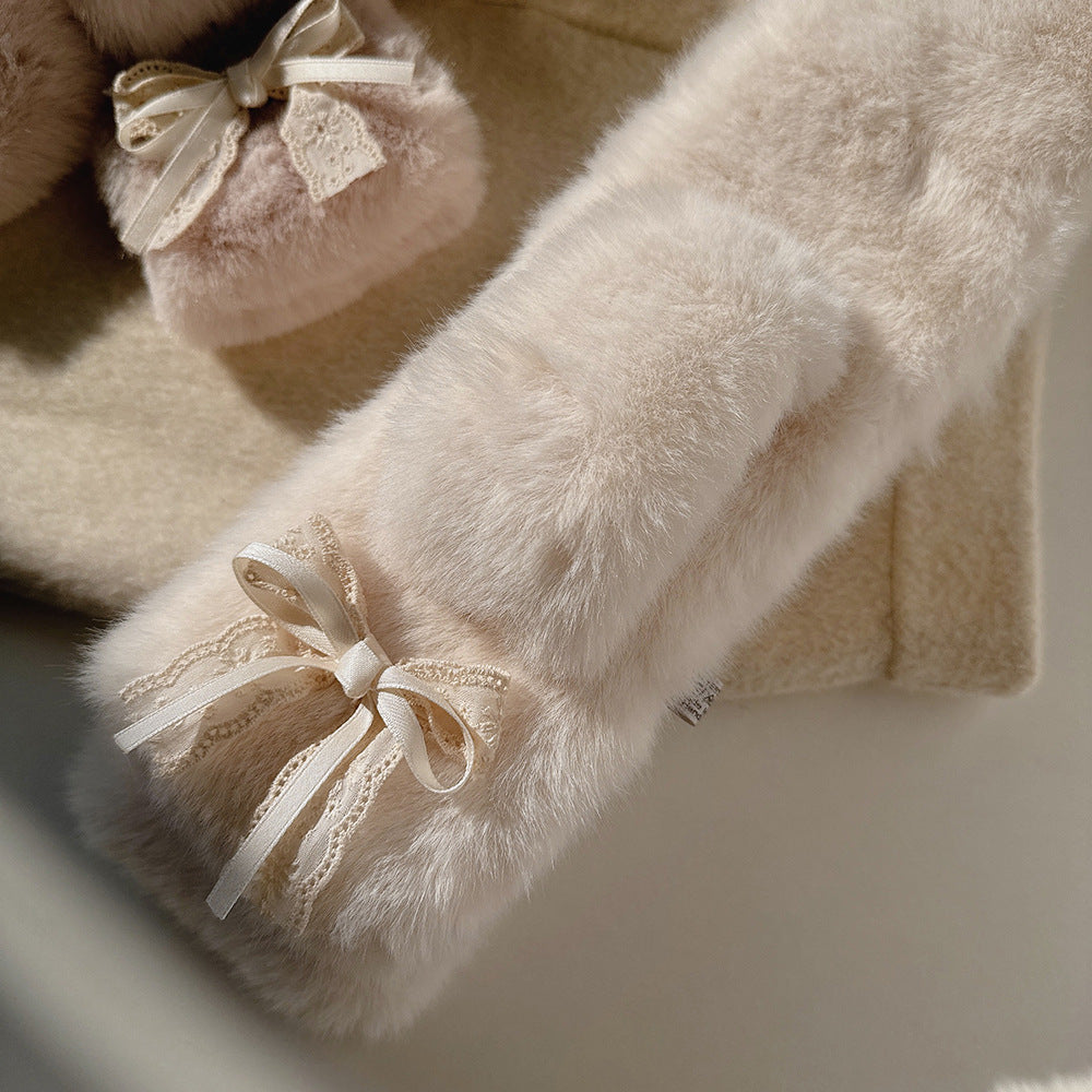 Sweet and Cute Double-layer Bow Fur Collar Scarf Women's Thickened Winter Windproof and Cold Wool Scarf Cross for Students