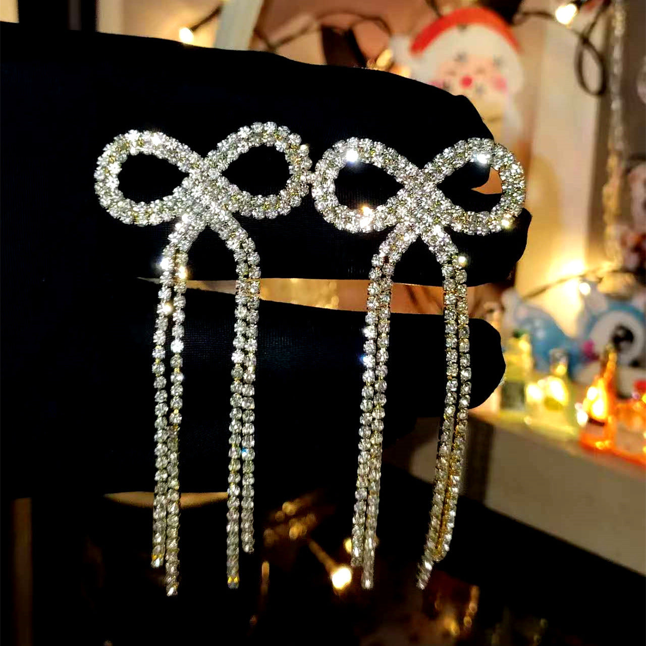 Explosive Bow Long Tassel Earrings Women's Personality Rhinestone
