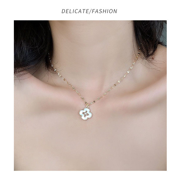Cross-border hot selling fashion four-leaf clover pendant micro-inlaid zircon turquoise white fritillary necklace female clavicle chain pendant wholesale
