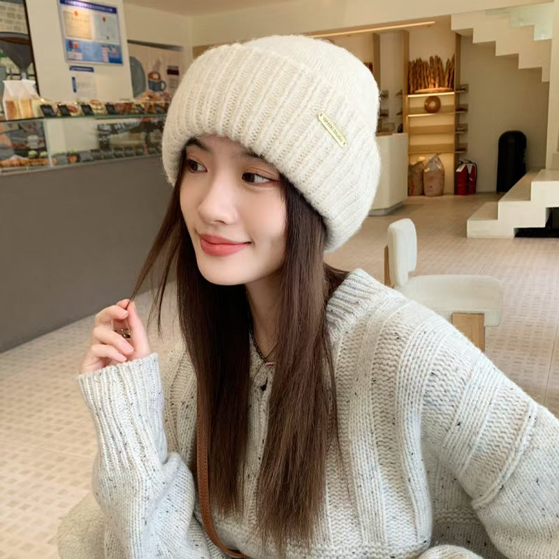 Hat Women's Autumn and Winter Warm Explosive Ear Protection Face Small Knitted Hat Windproof Moon Hat Wool Big Head Heap