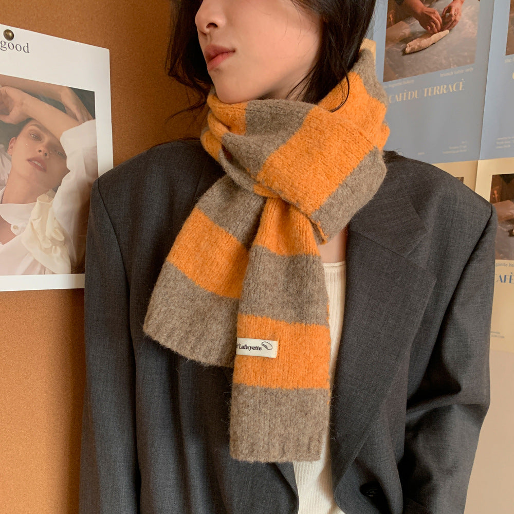 Korean Style New Style Striped Wool Knitted Scarf Women's Winter Warm Thick High-end All-match Scarf Light Luxury