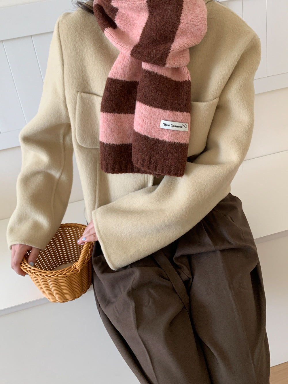 Korean Style New Style Striped Wool Knitted Scarf Women's Winter Warm Thick High-end All-match Scarf Light Luxury