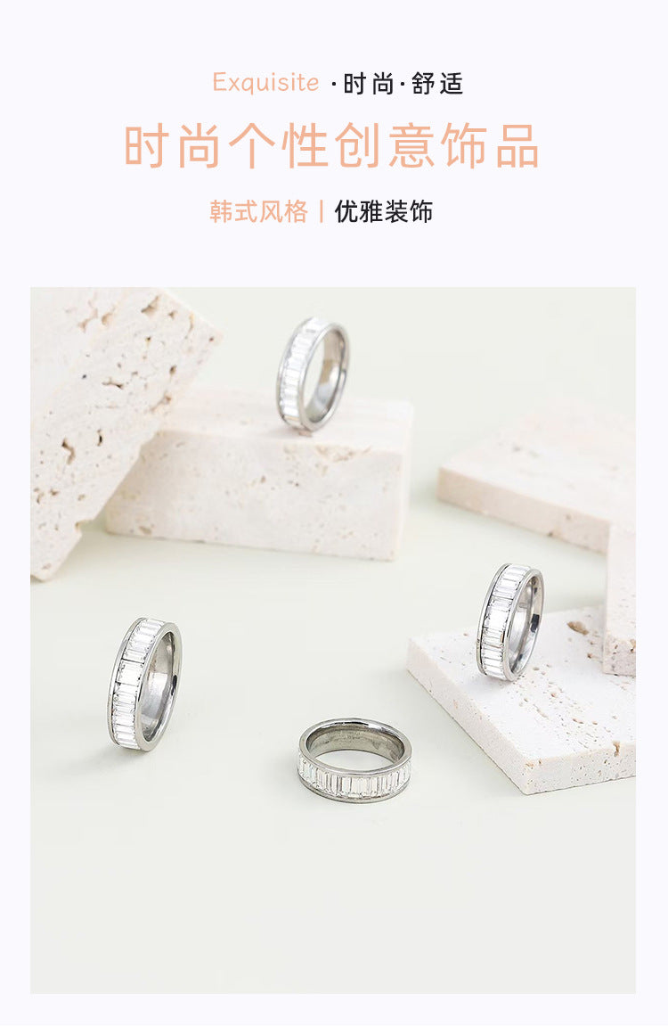 Cross-border plain ring stainless steel ring rectangular zircon ring titanium steel diamond lovers ring jewelry wholesale