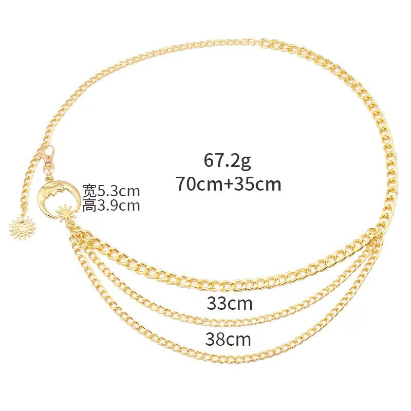 Cross-border European and American Metal Sunflower Multi-layer Waist Chain Accessories Hip-hop Retro Crescent Body Chain Waist Decoration