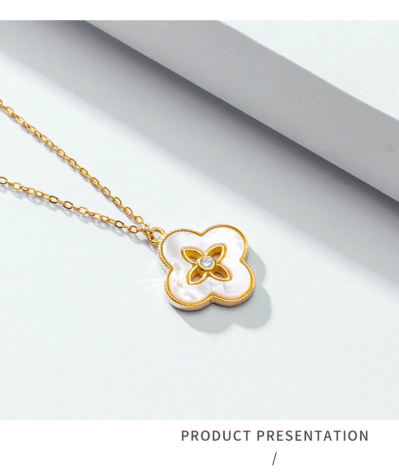 Cross-border hot selling fashion four-leaf clover pendant micro-inlaid zircon turquoise white fritillary necklace female clavicle chain pendant wholesale