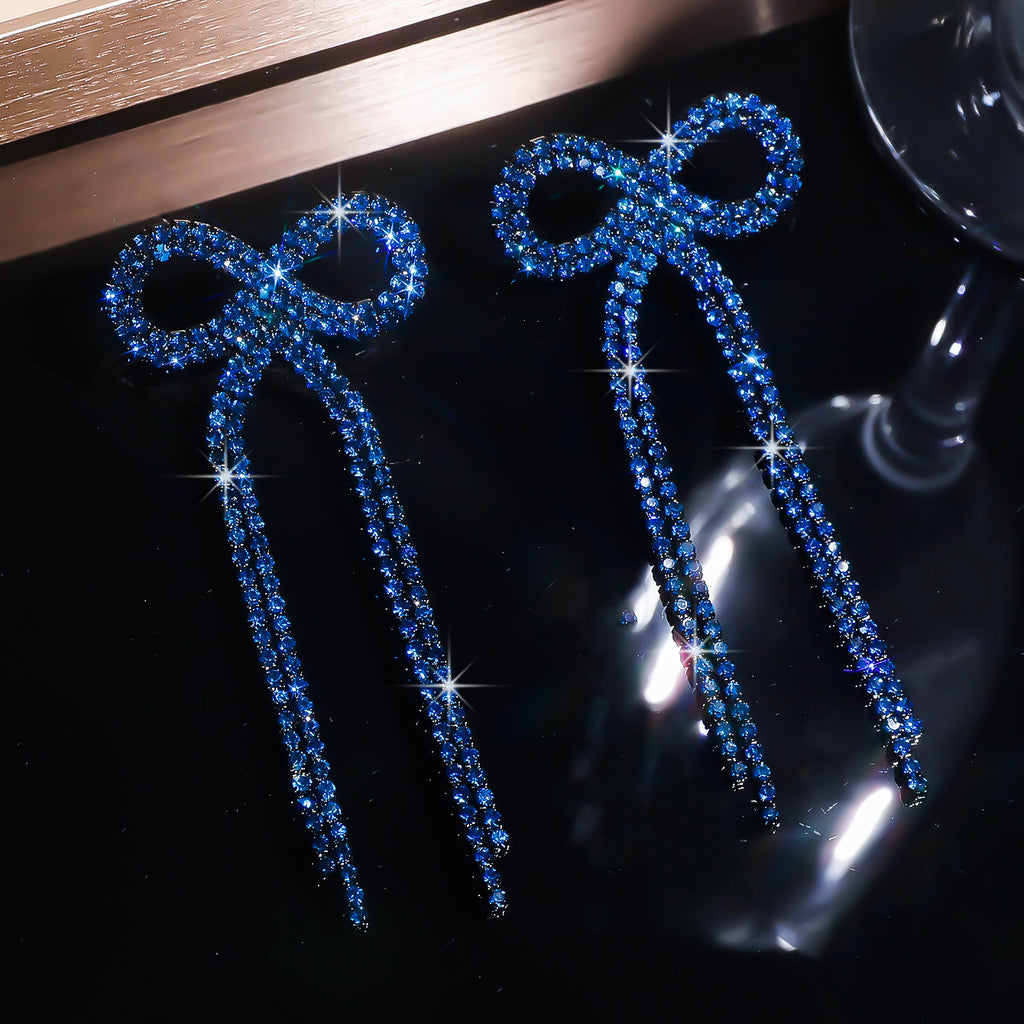 Shein Explosive Bow Long Tassel Earrings Women's Personality Super Flash Rhinestone Bride Wedding All-match Ear Jewelry