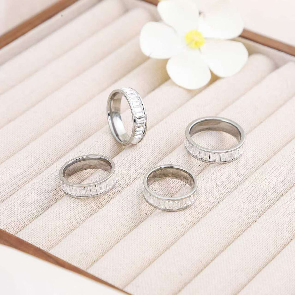 Cross-border plain ring stainless steel ring rectangular zircon ring titanium steel diamond lovers ring jewelry wholesale
