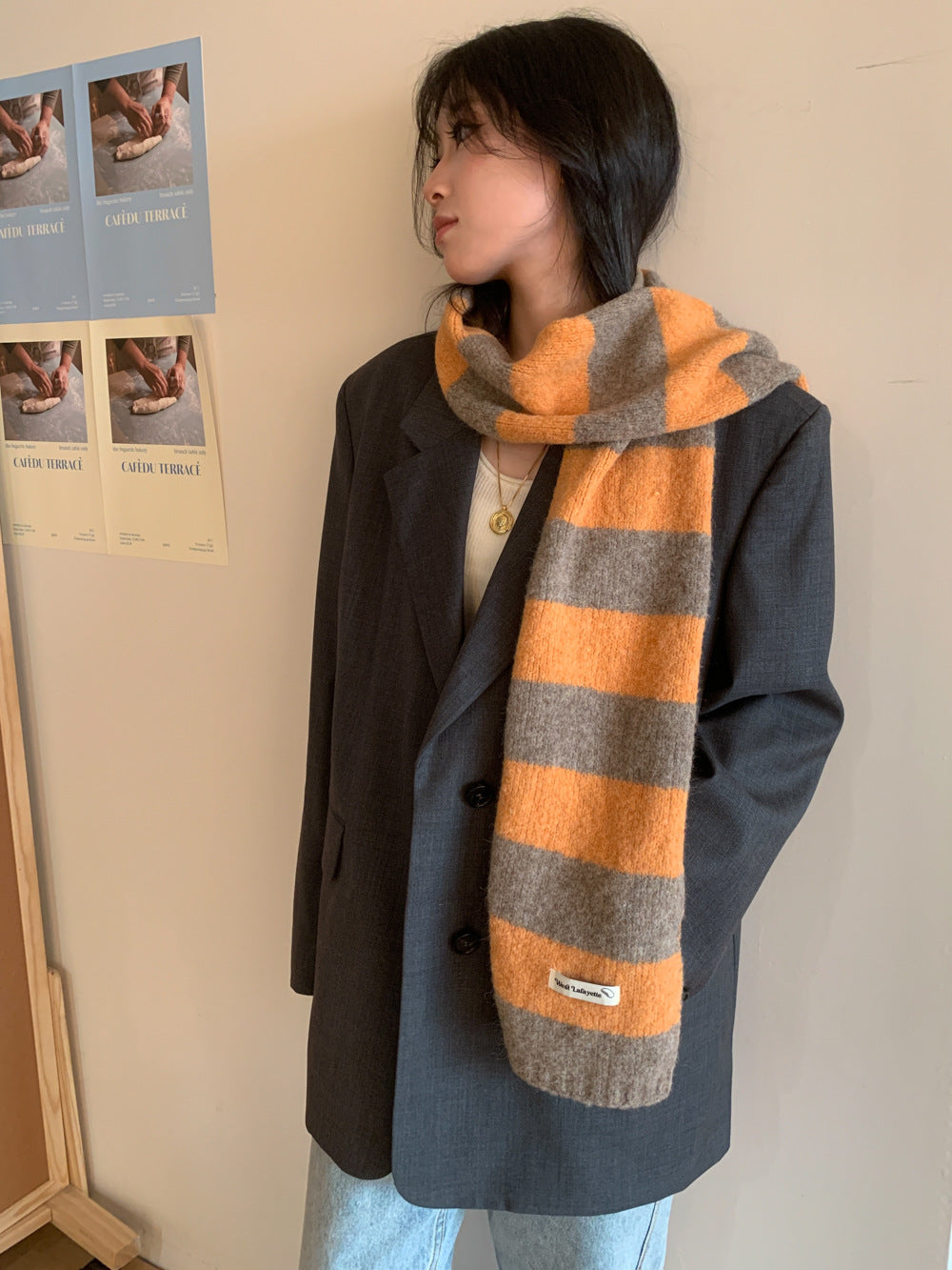 Korean Style New Style Striped Wool Knitted Scarf Women's Winter Warm Thick High-end All-match Scarf Light Luxury