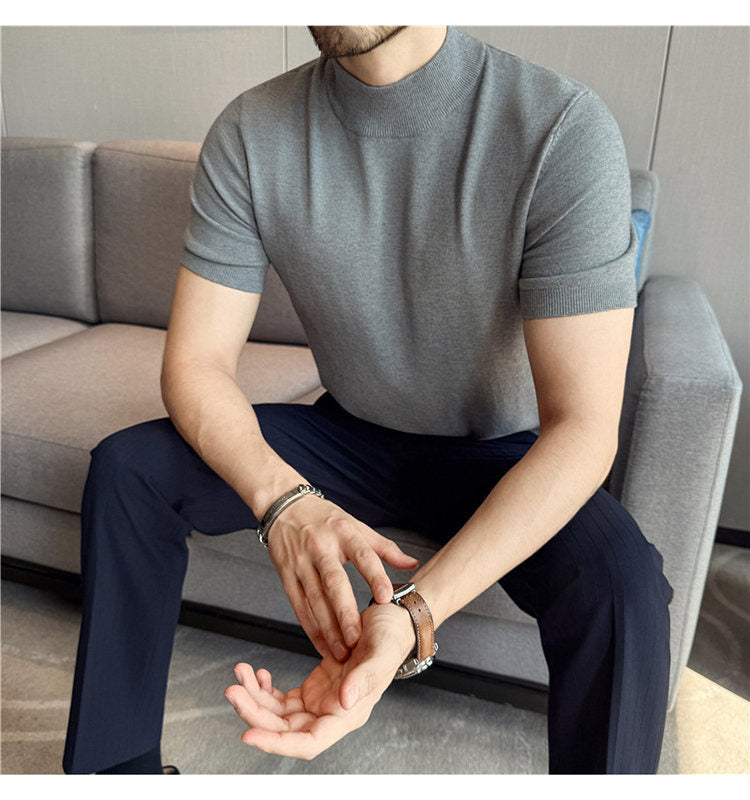 Tiktok Taobao Dropshipping Men's Short-Sleeve Knitwear, Fashionable Versatile Half-Turtleneck Slim-Fit Half-Sleeve Sweater Base Shirt