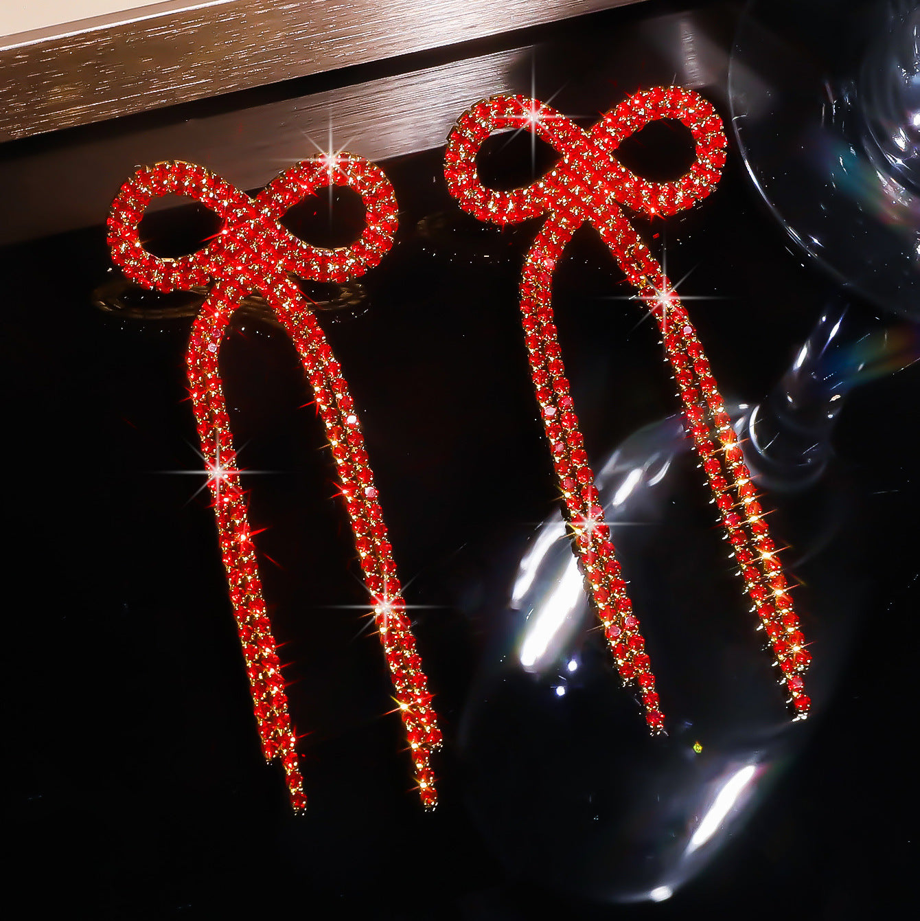Explosive Bow Long Tassel Earrings Women's Personality Rhinestone