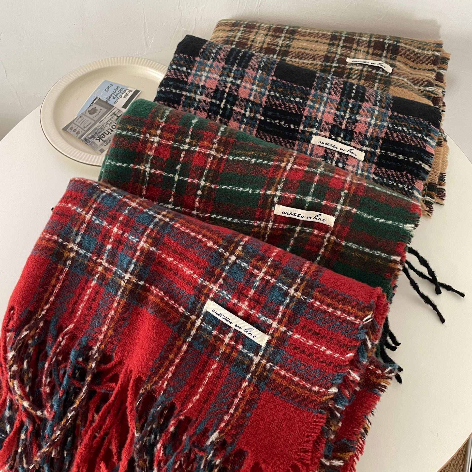 Happy Christmas Plaid Scarf Women's Winter High-end Cashmere Warm Neck Couple's JK Shawl