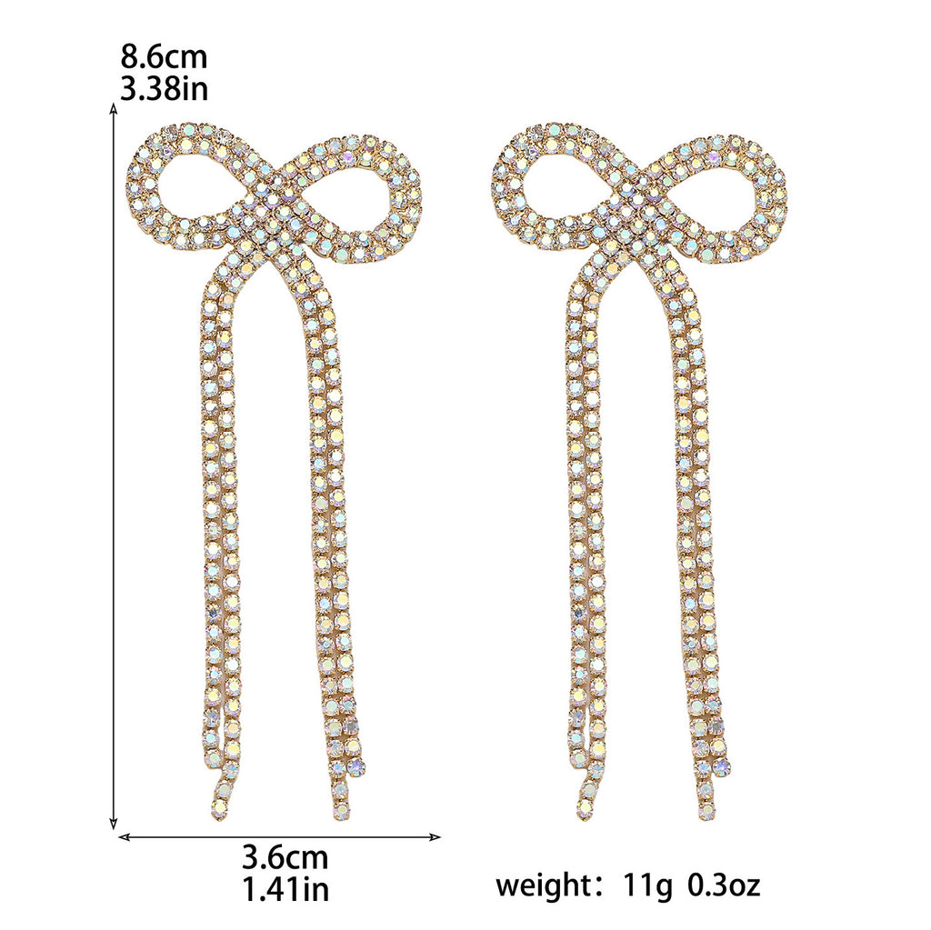 Shein Explosive Bow Long Tassel Earrings Women's Personality Super Flash Rhinestone Bride Wedding All-match Ear Jewelry