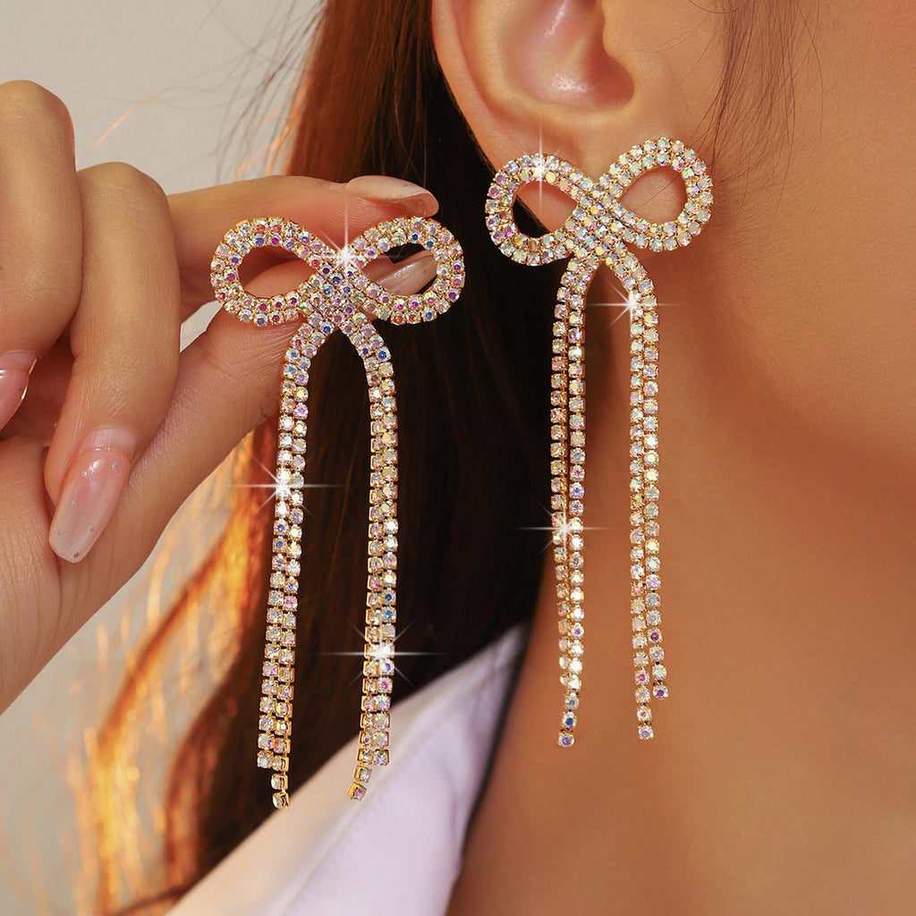Shein Explosive Bow Long Tassel Earrings Women's Personality Super Flash Rhinestone Bride Wedding All-match Ear Jewelry