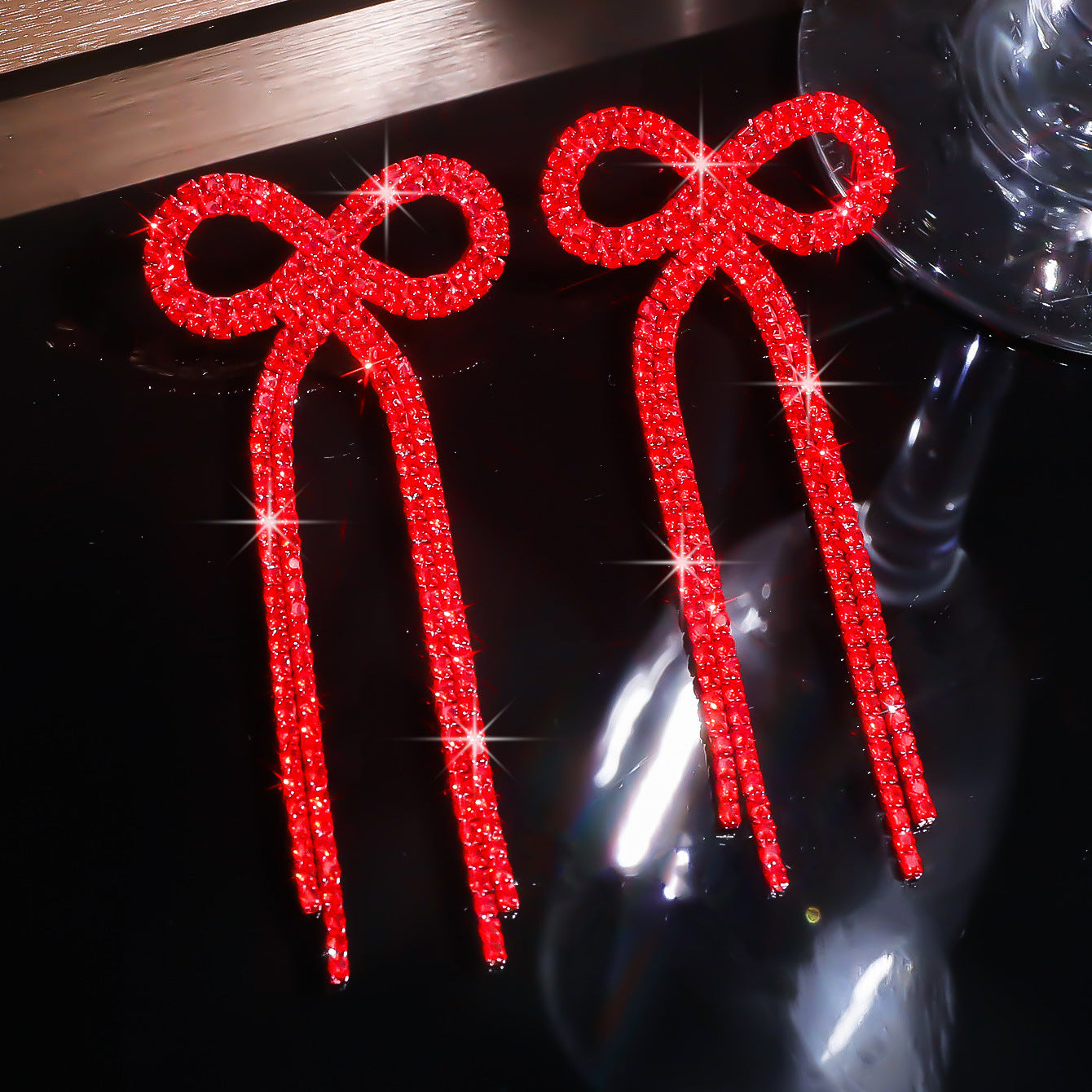 Explosive Bow Long Tassel Earrings Women's Personality Rhinestone